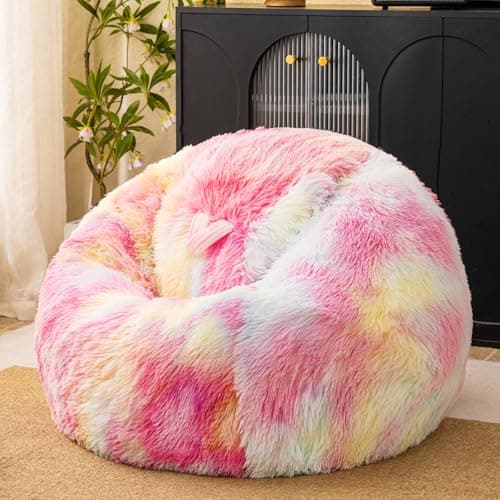 Rainbow plush bean bag chair covers (No Filler), comfy Fluffy Rainbow bean bag chair Cover for bedroom, stuffed animal Storage, kids adults teens girls bean bag chairs, Anti-Slip