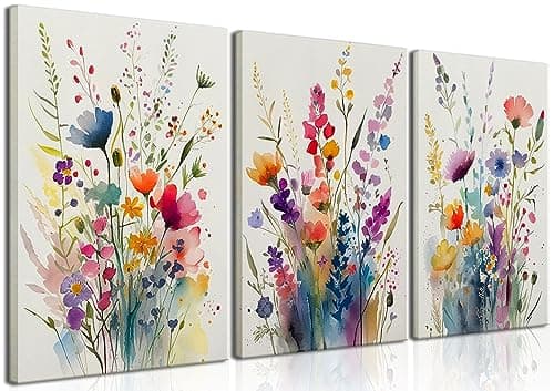 KISSFOX Framed Colorful Wildflower Canvas Wall Art Set Of 3 Flowers Pictures Prints Flowers Printing Floral Watercolors Flower wall Decor Living Room Girls Bedroom Bathroom