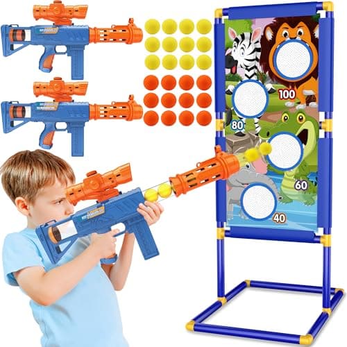 KKONES Shooting Game Toy for Boys - 2 Player Toy Foam Blaster Air Guns, 24 Foam Bullet Balls Popper & Standing Shooting Target, Birthday Gifts for Age 3 4 5 6 7 8 9 10-12 Years Old Kids, Girls