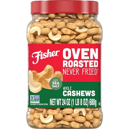 Fisher Oven Roasted Never Fried Whole Cashews, 24 Ounces (Pack of 1), Snacks for Adults, Made With Sea Salt, No Added Oils, Artificial Ingredients or Preservatives, Gluten Free, Vegan Protein, Bulk