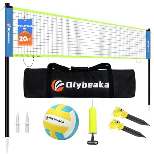 20FT Outdoor Volleyball Net Set System for Backyard Beach with Anti-Sagging Net, Iron Adjustable Height Poles, Soft PU Volleyball and Pump, Carry Bag - Instant Set Up & Durable (Blue and Green)