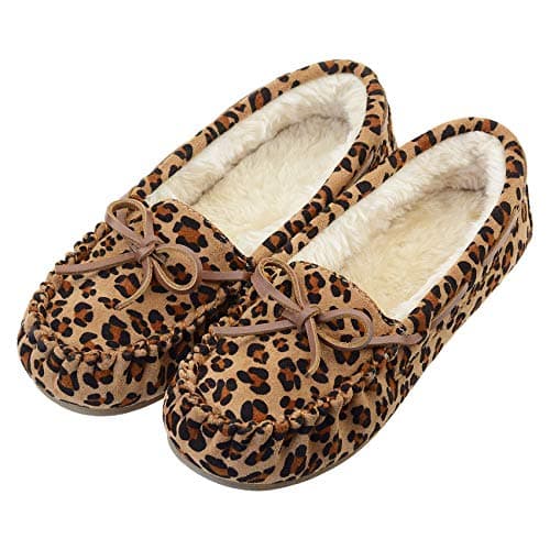 Vonair Women's Moccasin Slippers Micro Suede Warm Faux Fur Pile Lined Lace-Up Bow Cozy Indoor & Outdoor Moccasins Slip On Loafers Shoes for Women Leopard US 7