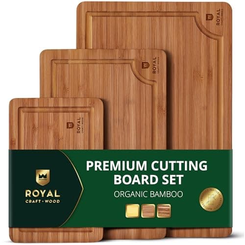 ROYAL CRAFT WOOD Wooden Cutting Boards for Kitchen Meal Prep & Serving - Bamboo Wood Serving Board Set with Deep Juice Groove Side Handles - Charcuterie & Chopping Butcher Block for Meat (3 Pcs)