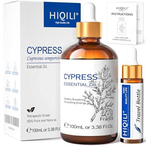 HIQILI 100ML Cypress Essential Oil, 100% Natural for Diffuser, Skin Care, Includes 10ML Travel Bottle - 3.38 Fl Oz