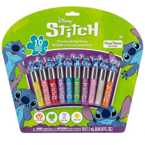 Disney Stitch 10 Piece Plant Based Lip Gloss, Girls Party Favors, First Makeup Set for Girl, Perfect for Parties, Sleepovers, and Birthday Gifts, Ages 3+, by Townley Girl