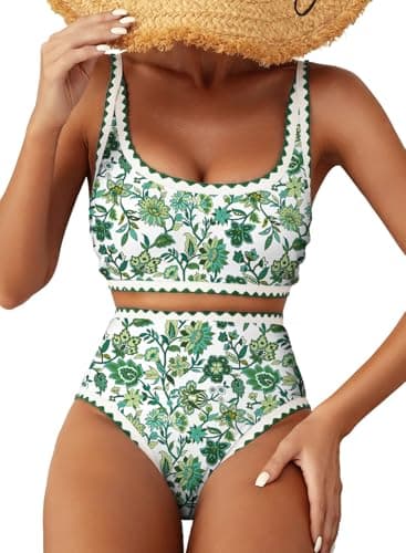 Herseas Women's Bikini Sets Floral Print Swimsuits High Waisted Adjustable Straps Bathing Suits Teen Sporty Green Beach Outfits Small