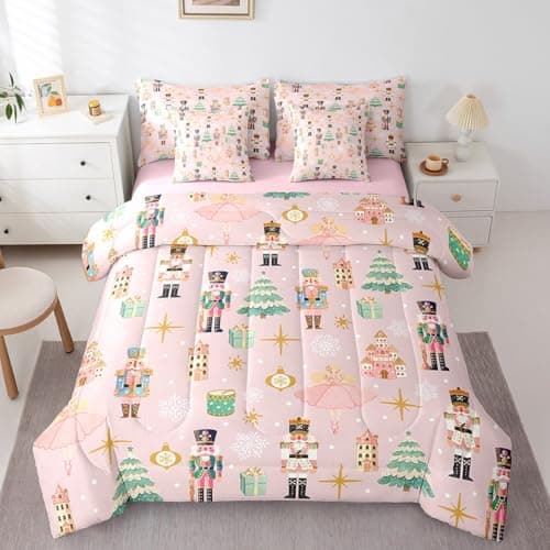 Erosebridal 7Pcs Pink Christmas Comforter Set Twin Size,Christmas Nutcracker Bedding Set,Dreamy Castle Princess Bed in A Bag,Xmas Galaxy Snow Quilt with Flat Fitted Sheet for Kids Boys Girls