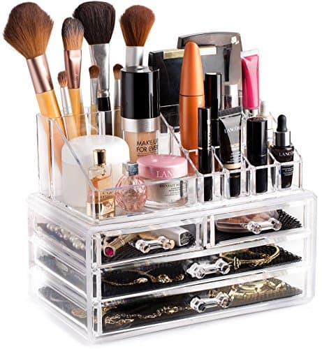 Masirs Clear Makeup Organizer – 16-Compartment Cosmetic and Jewelry Holder, 4-Drawer Vanity Storage, Elegant Clear Design for Makeup and Accessories