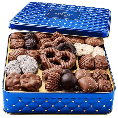 Chocolate Gift Basket for New Years, Holidays, Gourmet Food Gifts Box- Assorted Treat Tray Tin for Men and Women- Bonnie and Pop