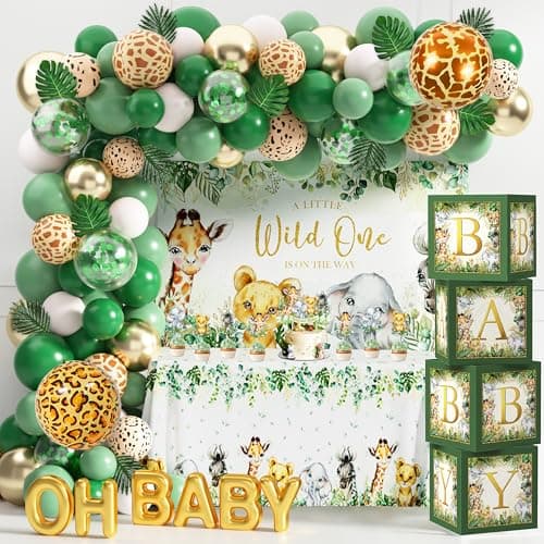 JOPHMO Safari Jungle Baby Shower Decorations for Boy Girl Wild One First Birthday Party Supplies Safari Balloons Garland Arch Kit Baby Boxes with Letters Wild One Backdrop Animal Tablecloth (Green)