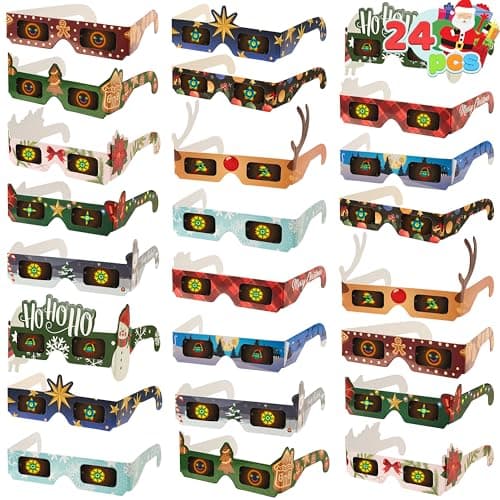 JOYIN 24Pcs Christmas 3D Diffraction Paper Glasses, Xmas Refraction Glasses with 12 Frame Designs & 6 Patterns, 3D with Diffraction Effect for Light, Adult Kid Prism Party Gifts