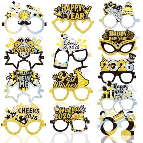 Qpout 26Pcs Happy New Year Eyeglasses 2026 New Year Party Glasses Photo Booth Props Black Gold Silver Funny New Year Paper Eyeglasses Frame for 2026 Eve Party Decoration Supplies