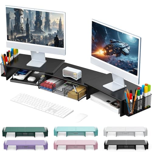 gianotter Dual Monitor Stand Riser, Desk Organizer With Drawer and 2 Pen Holders, Desk Accessories & Workspace Organizers, Laptop Stand, Office Decor Essentials, Balck