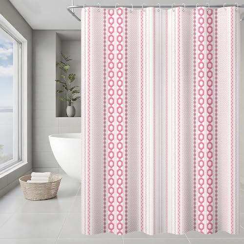 AXURXUI Pink Striped Shower Curtain, Washable Polyester Lightweight, Bottom Weighted Bath Curtain Set for Bathroom Decor, 72x72 Inch