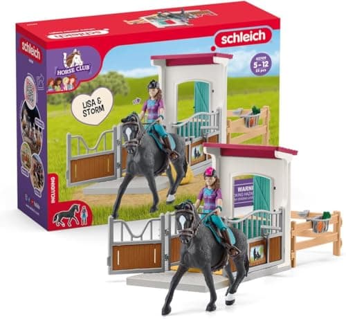 Schleich Horse Club - 25 PC Lisa and Storm Horse Toy Stall Playset with Accessories - Customizable Stable Name Tag - Realistic, Posable Rider and Pony Toys for Girls and Boys - Kids Ages 5+ - 42709