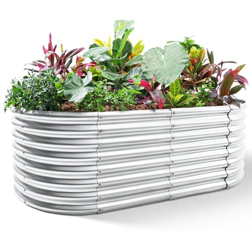 Land Guard 24“ Tall Galvanized Raised Garden Bed Kit, Galvanized Planter Garden Boxes Outdoor, Oval Large Metal Raised Garden Bed for Vegetables (Classic Silver, 4×2×2ft)