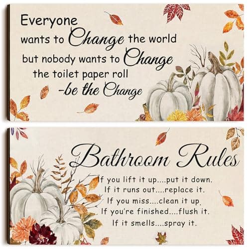 Jetec 2 Pieces Funny Bathroom Signs Bathroom Wall Decor Toilet Wall Accessories Farmhouse Toilet Rustic Wooden Signs (Fall Style)
