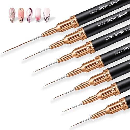 7PCS Metallic Nail Art Brushes Set, 7/9/11/15/25mm Liner Brush For Nails Gel, Super Fine Painting Art Design Pen for Long-Line Patterns, Detailed Outlines, Geometric Shapes (Black)