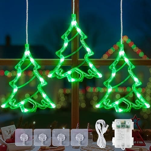 Qunlight Christmas Window Lights,3 Pack 30LED Green Christmas Tree Light Battery Powered,Timer Memory Hanging Silhouette Xmas Twinkle Light 8 Mode for Wall,Bedroom,Indoor Outdoor Christmas Decoration