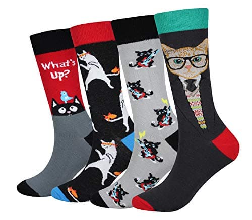 Men's 4 Packs Cat Socks Gift Fun Crazy Novelty Dress Crew Socks (Music Guitar Dancing Cat)