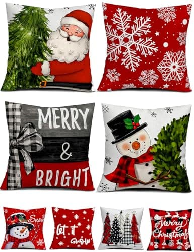 multiwins Christmas Decorations Set of 4 Double-Sided Print Christmas Pillow Covers 18" x 18", with 8 Cute Patterns, Throw Pillow Covers Perfect for Home Christmas Decor