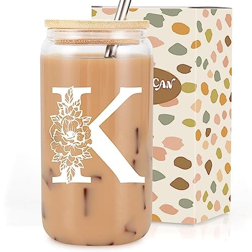 Coolife Initial Glass Cup, Monogrammed Gifts for Women, 16 oz Glass Cups w/Lids Straws, Iced Coffee Smoothie Beer Tumbler w/Straw Lid - Personalized Christmas, Birthday Gifts for Her Mom Friend Woman