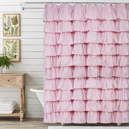 Volens Pink Ruffle Shower Curtain Farmhouse Rustic Fabric Cloth Shower Curtains for Bathroom, 72" x 72"