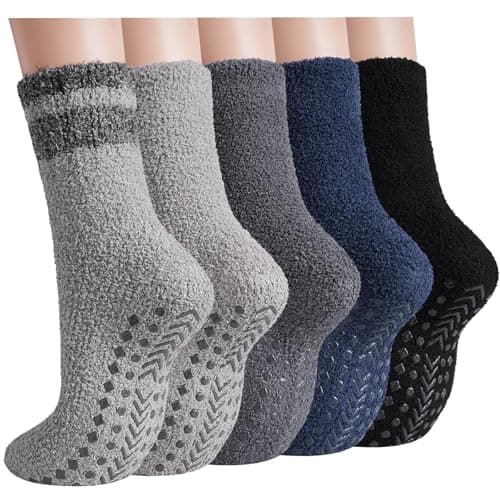 floconssy Fuzzy Socks Men with Grips, Cozy Fluffy Slipper Socks Non Slip Winter Warm Soft for Hospital Sleep Home Non Slip Thick Plush Footies 5 Pairs Grey Blue Black