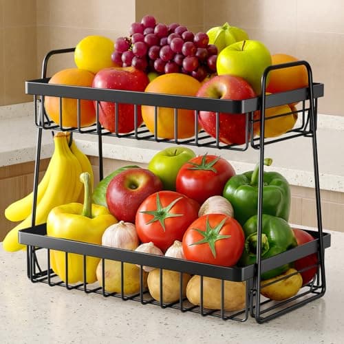 Sakugi Fruit Basket for Kitchen Counter - 2-Tier Fruit Bowl with Removable Banana Hanger & Handles, Rustproof Fruit Holder for Kitchen, Living Room, Bathroom, 13.4"×8.7"×11.7", Black
