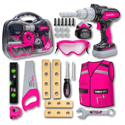 Kids Tool Set with Carrying Case, Electronic Toy Drill with Bits & Construction Vest – Pretend Play Kit with Safety Googles, Gas Shield, Tape Measure, Saw, Bubble Level, Screwdriver, Nuts & Bolts