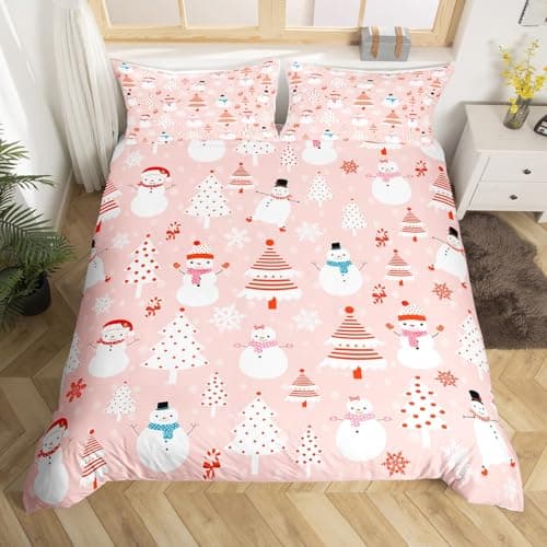 Christmas Kids Bedding Set Cartoon Snowman Bedding Duvet Cover Set for Boys Girls Christmas Tree Decor Comforter Cover Set Pink Dots Xmas Theme Bedspread Cover Bedroom Quilt Cover 3Pcs Full Size
