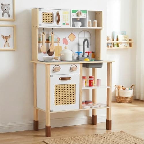 INFANS Play Kitchen for Kids, Wooden Pretend Playset with Adjustable Heights Rattan Door Blackboard Realistic Lights Sounds, Toddler Cooking Toy Gift for Boys Girls Aged 3+