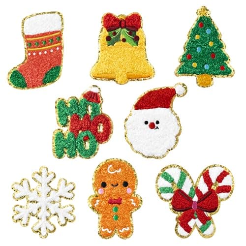 Kirako 8Pcs Christmas Chenille Patches Cute Glitter Santa Claus Xmas Tree Gingerbread Man Sew Iron on Repair Embroidered Applique Holiday DIY Craft Decorative Collection Gift for Clothing Backpack Hat