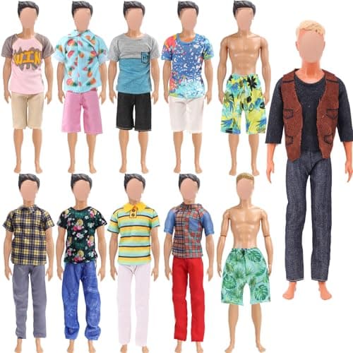 18 PCS Doll Clothes for Ken Doll Including Handmade 6 Tops 6 Pants Casual Wear 2 Beach Pants 4 Pair of Shoes for 11.5 Inch Boy Doll Outfits for Boyfriend Doll