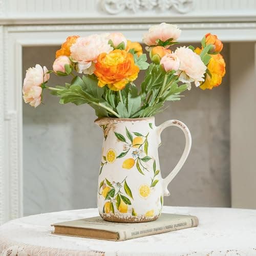 Vintage Lemon Ceramic Vase with Handle, Retro Ice Glazed Crack Farmhouse Pitcher Vase for Home Decor, Living Room, Shelf, Office, Rustic Table Centerpiece 7 Inch