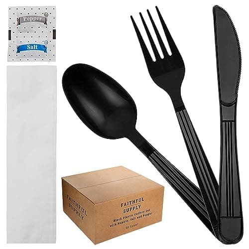 Faithful Supply 50 ct Black Cutlery Set Disposable, Heavy Duty Plastic Silverware Disposable, Plastic Utensils Set, Individually Wrapped Plastic Cutlery Set with Napkin, Perfect for Parties