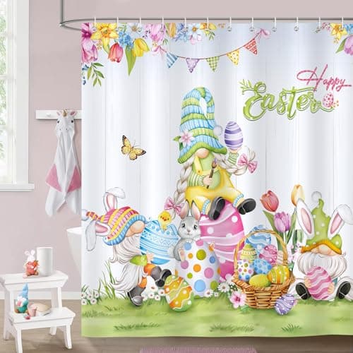 Bonhause Happy Easter Shower Curtain, Cute Bunny Gnome Easter Eggs Spring Bathroom Curtain 72 x 72 Inch Polyester Fabric Waterproof Bath Curtain with 12 Hooks