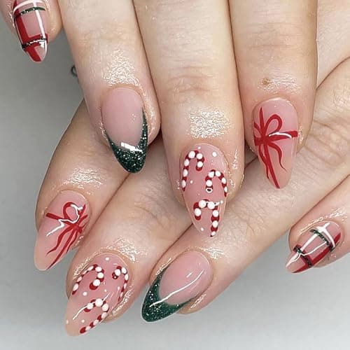 24 Pcs Christmas Press on Nails Short Almond Xmas Bow Fake Nails with Designs French Tip False Nails Line Glue on Nails Full Cover Glossy Artificial Nails for Women Girl Holiday Nail Decoration