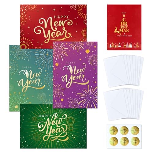 FLYAB Happy New Year Cards - Boxed Assorted Happy Holidays Cards with Envelopes New Year Gifts Set for Business and Personal Seasons Greetings