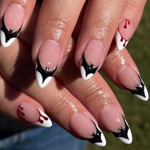 Vopintpy Blood Drop Bat Halloween Press on Nails Long Almond Fake Nails White French Tip Acrylic Glue on Nails Reusable Glossy Stick on Nails for Women DIY Day of the Dead Manicure