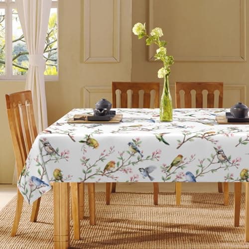 JYKCUL Spring Summer Tablecloth Rectangular 60x84 Inch, Birds Branch Floral Table Cloth Washable Table Cover for Party Picnic Kitchen Dinner Decor