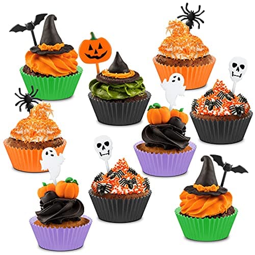 150 Pieces Halloween Picks Set 50 Plastic Halloween Cupcake Topper Pumpkin Ghost Cupcake Toothpicks with 100 Paper Cupcake Liners Muffin Wrappers Baking Cups for Kids Birthday Halloween Party Supplies