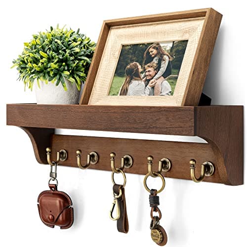 Rebee Vision Farmhouse Key Holder for Wall - Decorative Wooden Mail Organizer with 5 Rustic Key Hooks and Floating Shelf for Home Decor, Hallway, Entryway, Appartment (Retro Brown)
