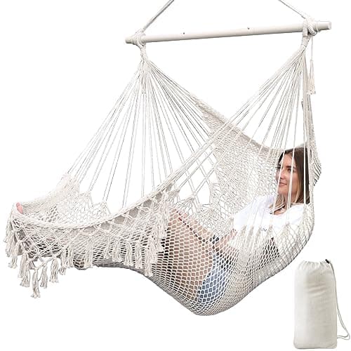 Chihee Hammock Chair Super Large Soft-Spun Cotton Rope Weaving Hanging Chair, Collapsible Strong Metal Spreader Bar Wide Seat Lace Stretch Swing Chairs Indoor Outdoor Garden Yard Theme Decoration