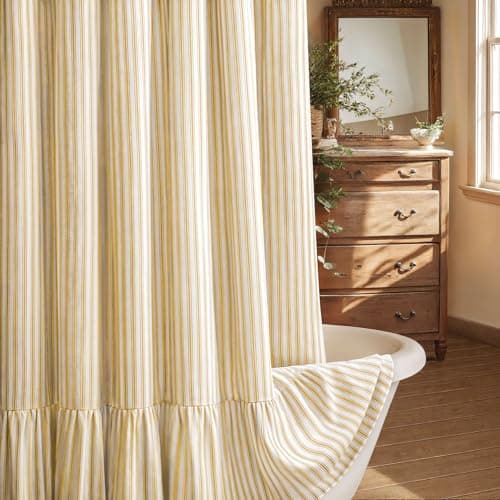 XOGUIBO Farmhouse Shower Curtain with Ruffle Hem Linen Shower Curtains for Bathroom Country Vintage Rustic Natural Fabric, Cream-Yellow Stripe 72" W x 72" L