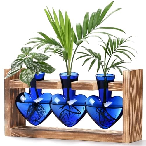 Lifecapido Heart Shaped Propagation Stations, Plant Terrarium with Wooden Stand, Plant Propagation Station for Hydroponics Plants Office Garden Home Decor, Gifts for Women Plant Lover (3 Vases, Blue)