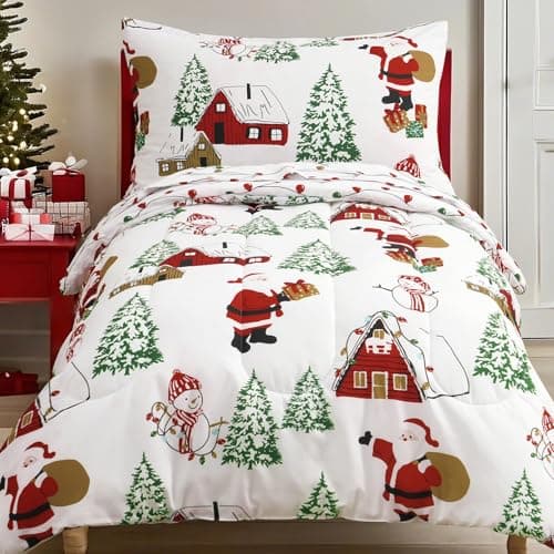 PHF 4 Piece Toddler Bedding Set, Ultra Soft Toddler Comforter Sets Include Comforter, Fitted Sheet, Flat Top Sheet and Pillowcase for Girls, Christmas Bed in A Bag for Baby Bedroom, Christmas