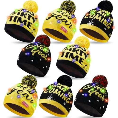Vicenpal 2026 Happy New Year Beanie Hat Gifts for Adults Light Up LED Knit Party Cap with Pom Pom Operation Christmas Charity(8 Pcs) Multicolor