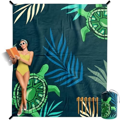 VENTURE 4TH Family-Size Beach Blanket: Sandproof, Waterproof, Lightweight & Compact. Includes Stakes and Carry Bag. 7x8 feet XL Navy Turtle