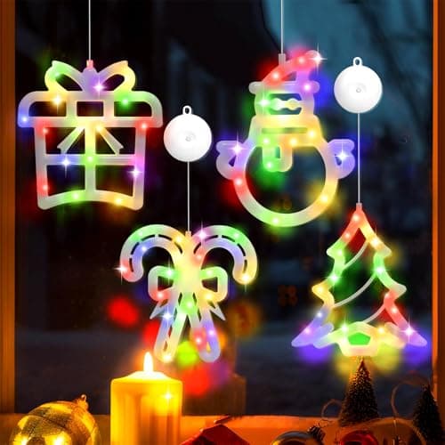 LHMTQVK 4PCS Christmas Window Lights, Christmas Window Decorations with Suction Cups Lighted Xmas Trees, Candy Cane, Gift Box, Snowman for Winter Holiday Indoor